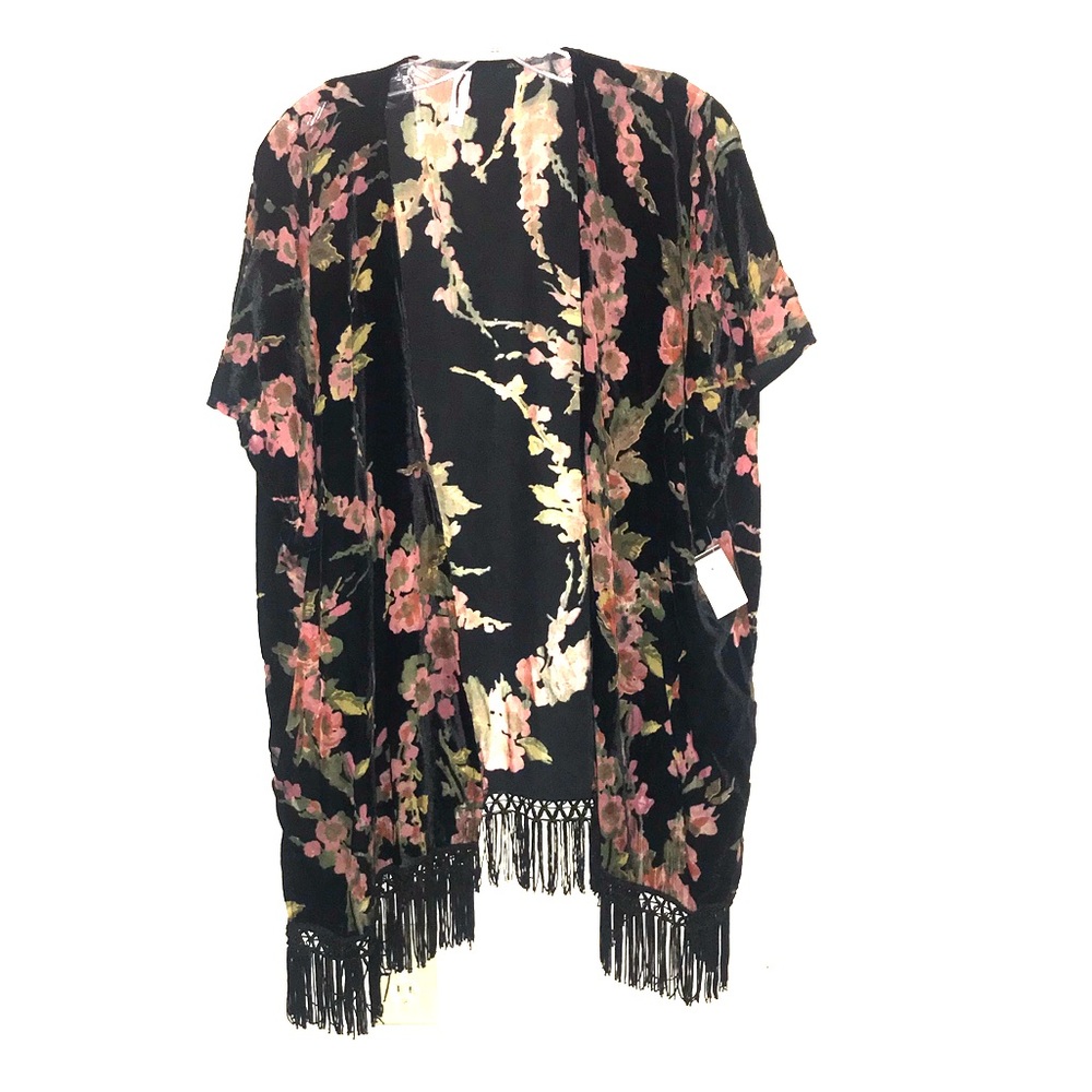 GORG kimono! Black VELVET w/ floral print & fringe